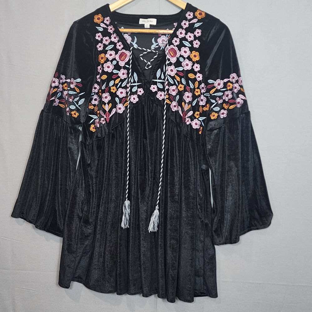 Velzera Women's Embroidered Tunic Mini Dress Beach Boho Tassel Sz Small